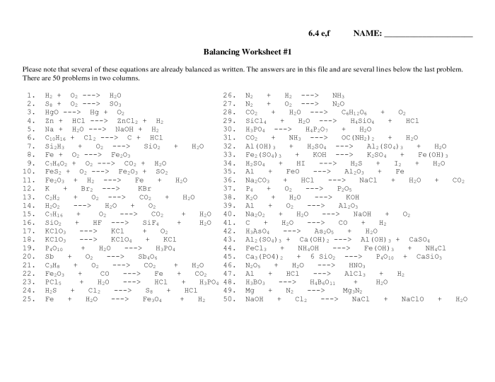 Intro to balancing equations worksheet